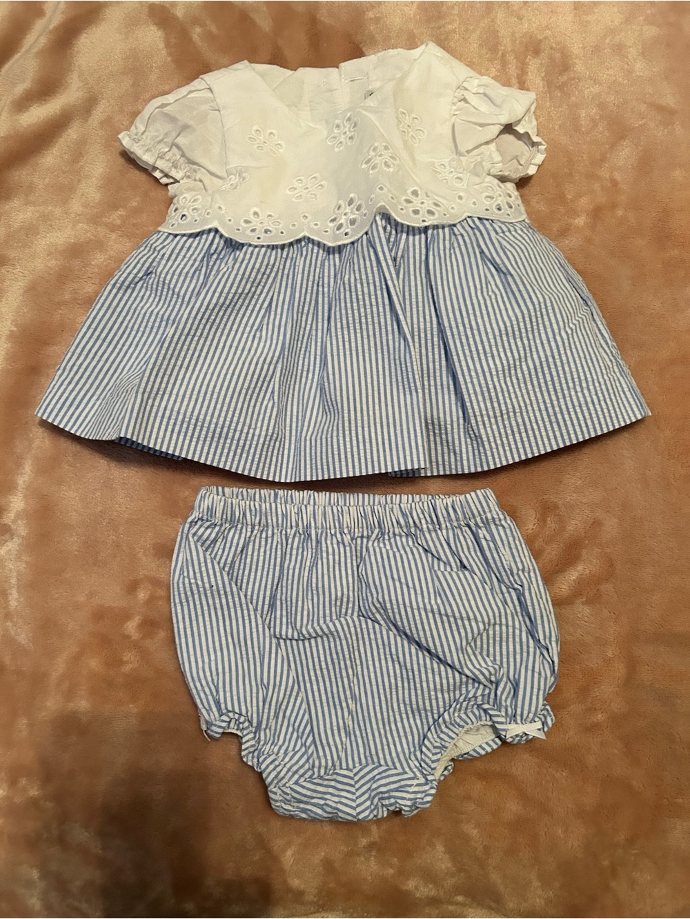 Janie and Jack Blue & White Eyelet Top with Striped Bloomers